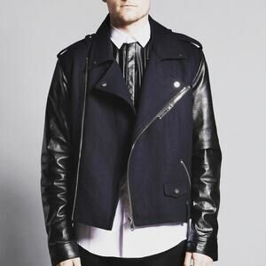 ACNE STUDIOS AW3 Cassady Leather Moto Jacket Mens 50 Black Navy Blue Wool Biker